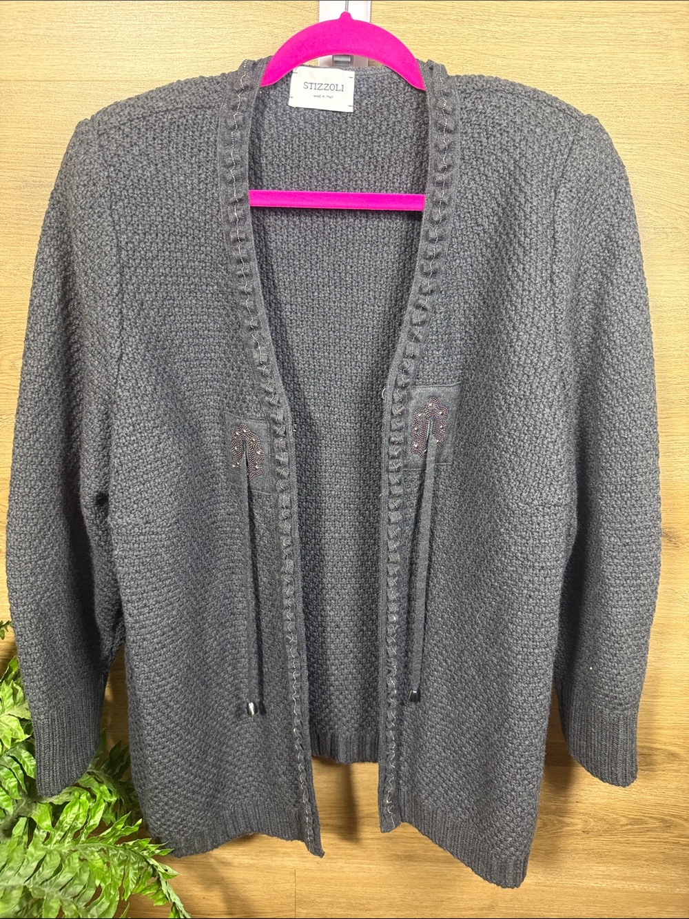 Stizzoli Dark Gray Knit Open-Front Cardigan with Drawstrings